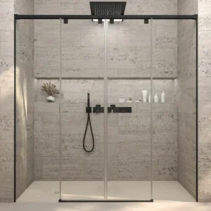 Paroi de douche frontale LIFE 2 fixes + 2 portes vitrées coulissantes 8 mm à fermeture amortie. Finition NOIR MAT