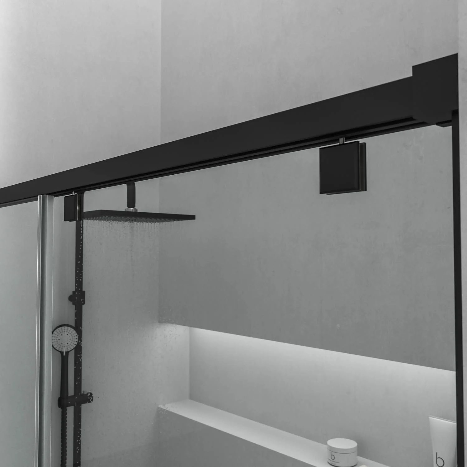 Paroi de douche frontale LIFE 1 porte fixe + 1 coulissante Verre sérigraphié 8 mm à fermeture amortie. Finition NOIR MAT – Image 8
