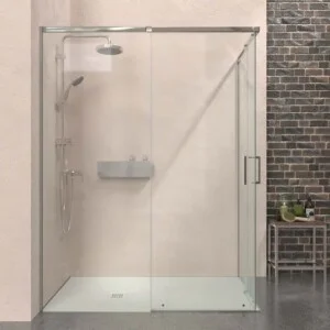 Paroi de douche rectangulaire AXER 2 fixes – 2 portes coulissantes en verre 6 mm. ACIER INOXIDABLE