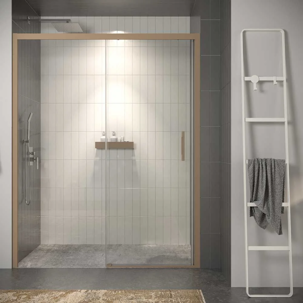 Paroi de douche frontale fixe LINEA1 -1 porte coulissante. Pas de profil inférieur. Finition MOKA