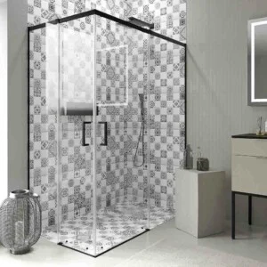 Paroi de douche rectangulaire AXER 2 fixes – 2 portes coulissantes en verre 6 mm. ACIER INOXYDABLE finition NOIR MAT