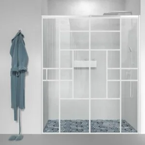 Paroi de douche frontale AXER 1 fixe – 1 porte coulissante en verre 6 mm. décor industriel SOHO. Acier inoxydable BLANC MAT