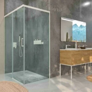 Cabine de douche rectangulaire BASIC ouverture frontale 1 fixe - 1 porte coulissante + 1 fixe. Pas de profil inférieur. Avec traitement anti-calcaire. Fini BLANC MAT - 121-130x78-90 cm.