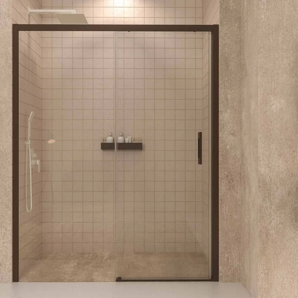 Paroi de douche frontale fixe LINEA1 -1 porte coulissante. Pas de profil inférieur. Finition MARRON