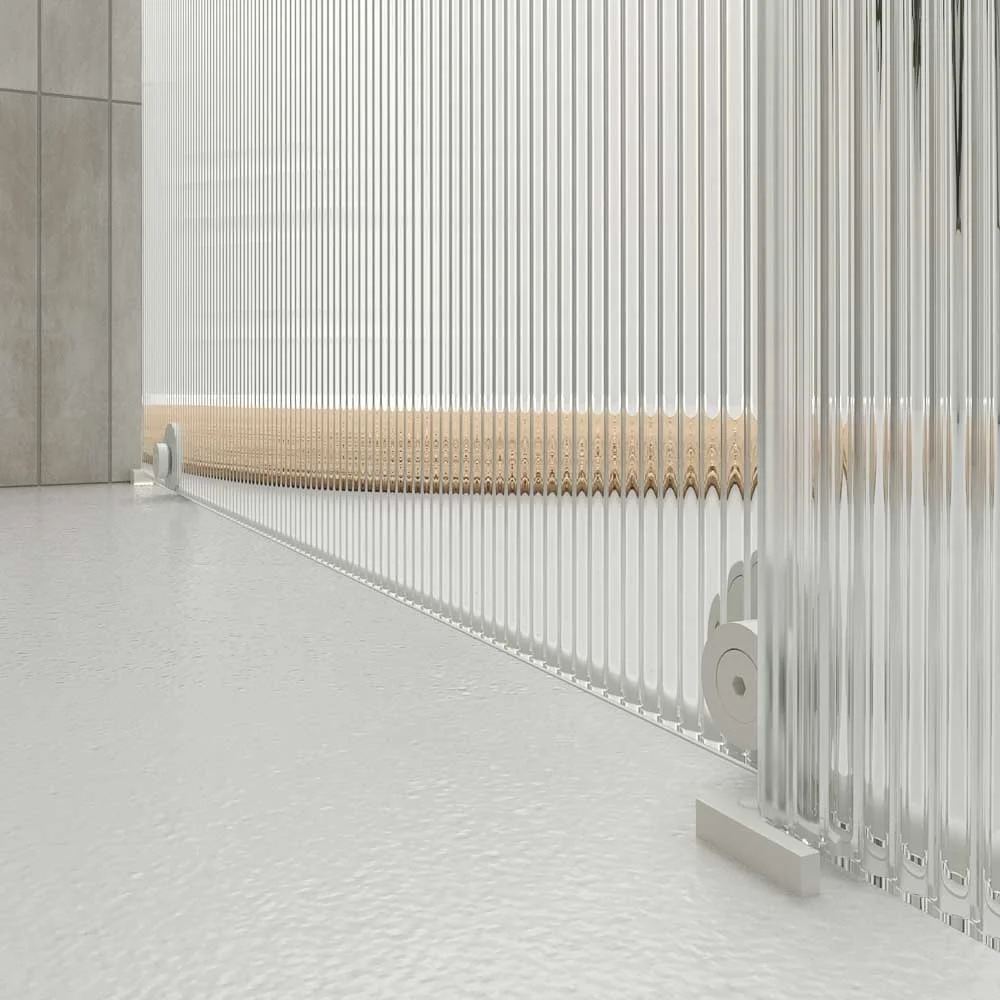 Paroi de douche ANDREA façade 1 fixe- 1 porte coulissante VERRE RAINURÉ roue inférieure. Finition BLANC MAT – Image 5