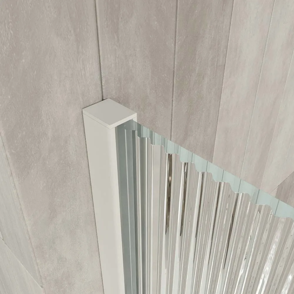 Paroi de douche ANDREA façade 1 fixe- 1 porte coulissante VERRE RAINURÉ roue inférieure. Finition BLANC MAT – Image 4