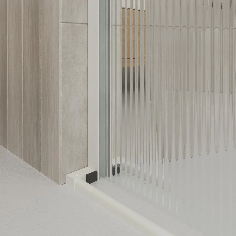 Paroi de douche ANDREA façade 1 fixe- 1 porte coulissante VERRE RAINURÉ roue inférieure. Finition BLANC MAT – Image 7