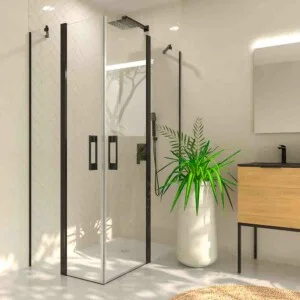 Paroi de douche rectangulaire OPEN 2 fixe – 2 portes battantes sur mesure NOIR MAT