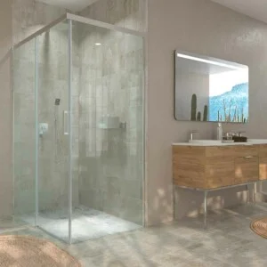 Paroi de douche BASIC rectangulaire ouverture frontale 1 fixe - 1 porte coulissante + 1 fixe. Pas de profil inférieur. Avec traitement anti-calcaire Finition CHROME BRILLANT - 111-120x78-90 cm.