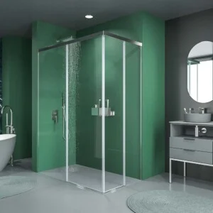 Paroi de douche rectangulaire BASIC ouverture angulaire 2 fixes-2 portes coulissantes. Pas de profil inférieur. Avec traitement anti-calcaire Finition CHROME BRILLANT