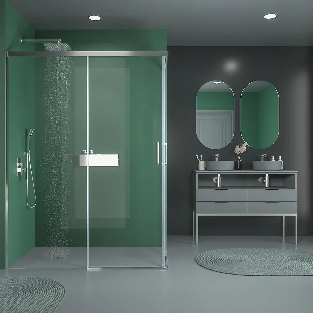 Paroi de douche rectangulaire BASIC ouverture angulaire 2 fixes-2 portes coulissantes. Pas de profil inférieur. Avec traitement anti-calcaire Finition CHROME BRILLANT – Image 6