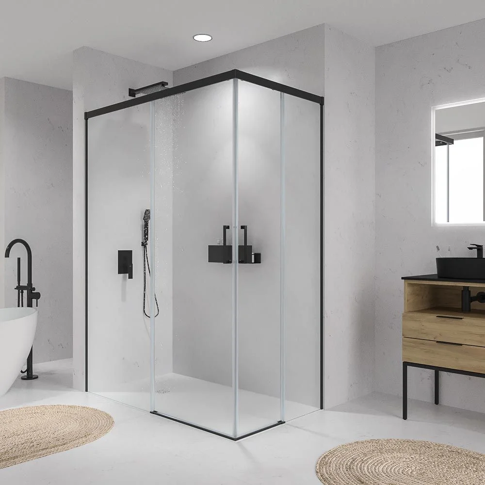 Paroi de douche rectangulaire BASIC ouverture angulaire 2 fixes-2 portes coulissantes. Pas de profil inférieur. Avec traitement anti-calcaire Finition NOIR MAT