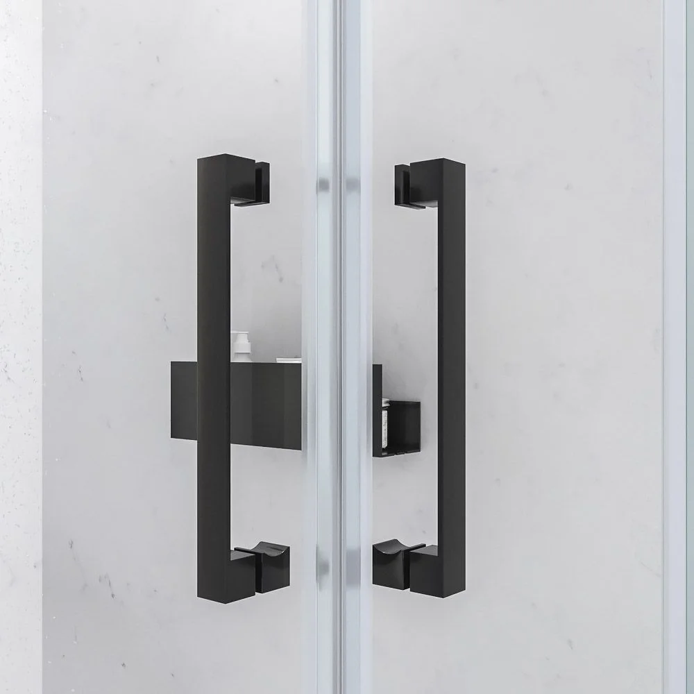 Paroi de douche rectangulaire BASIC ouverture angulaire 2 fixes-2 portes coulissantes. Pas de profil inférieur. Avec traitement anti-calcaire Finition NOIR MAT – Image 7