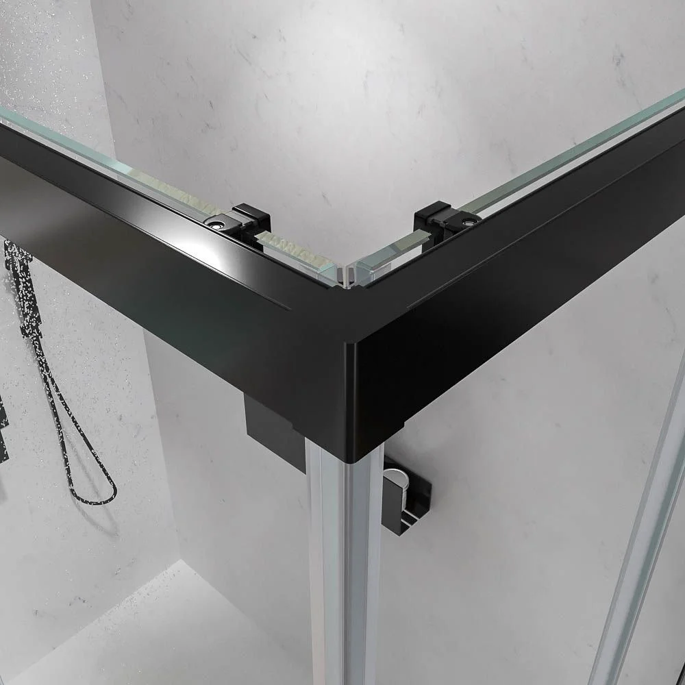 Paroi de douche rectangulaire BASIC ouverture angulaire 2 fixes-2 portes coulissantes. Pas de profil inférieur. Avec traitement anti-calcaire Finition NOIR MAT – Image 3