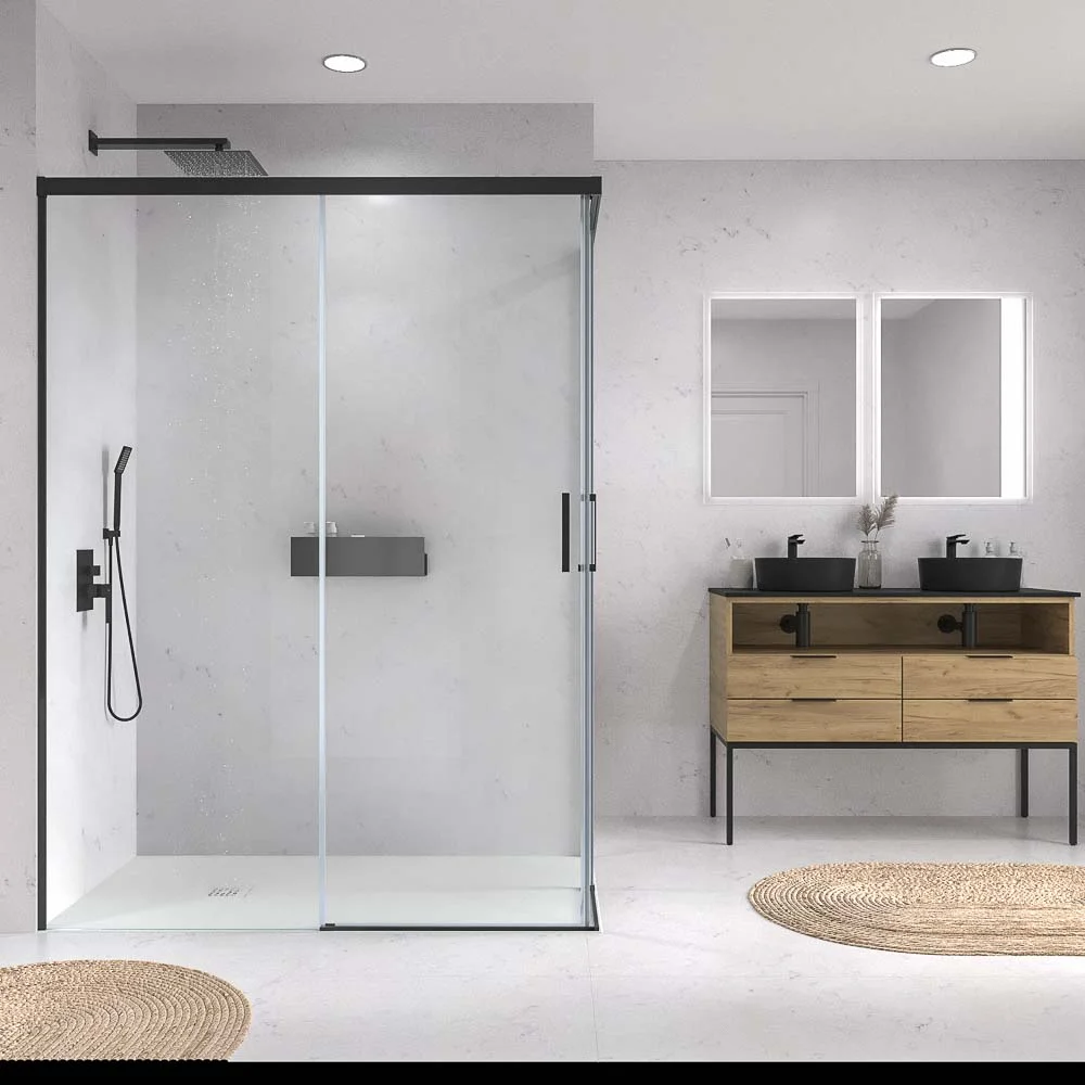 Paroi de douche rectangulaire BASIC ouverture angulaire 2 fixes-2 portes coulissantes. Pas de profil inférieur. Avec traitement anti-calcaire Finition NOIR MAT – Image 2
