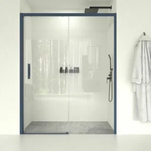 Paroi de douche frontale fixe LINEA1 -1 porte coulissante. Pas de profil bas. Finition BLEU SAPHIR