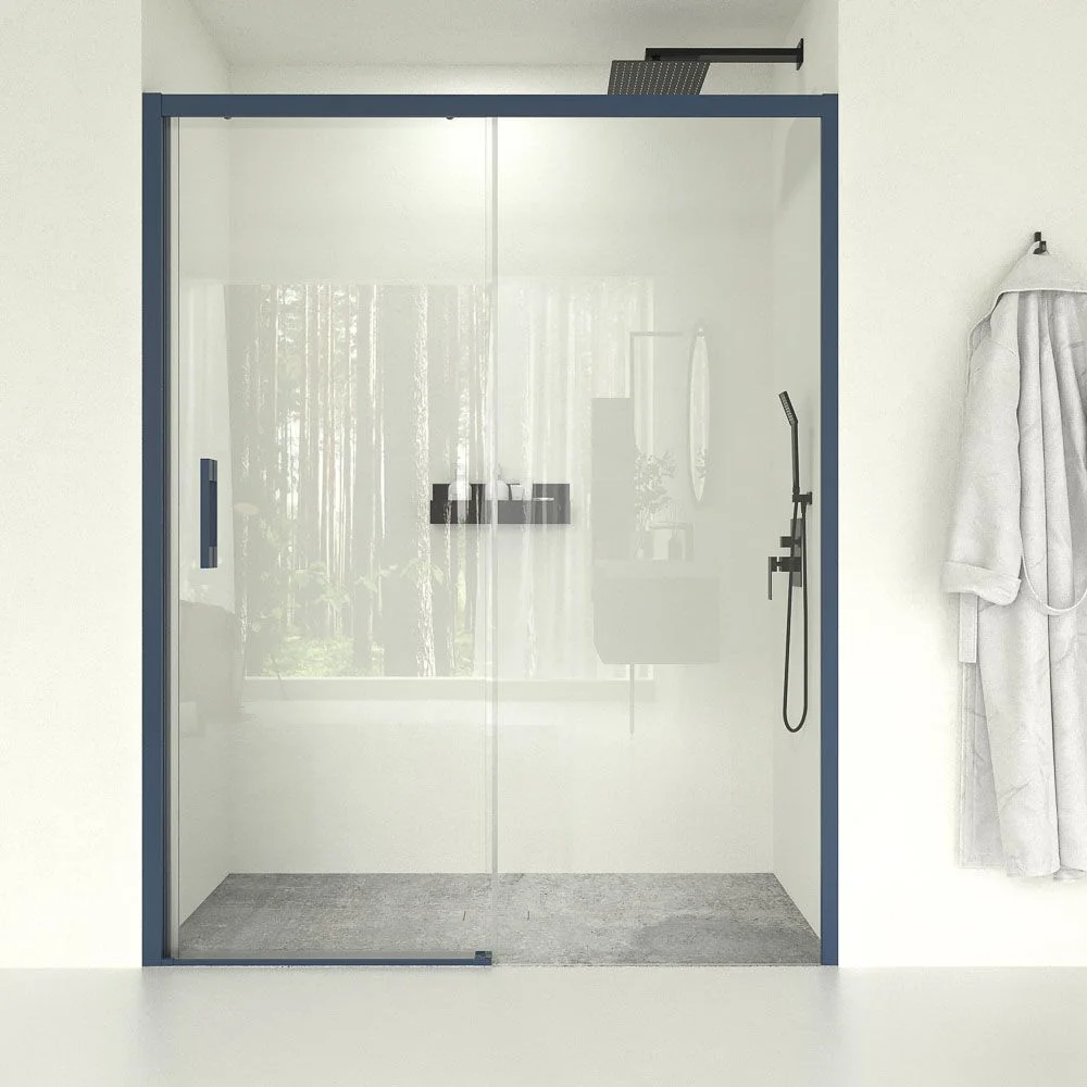 Paroi de douche frontale fixe LINEA1 -1 porte coulissante. Pas de profil bas. Finition BLEU SAPHIR