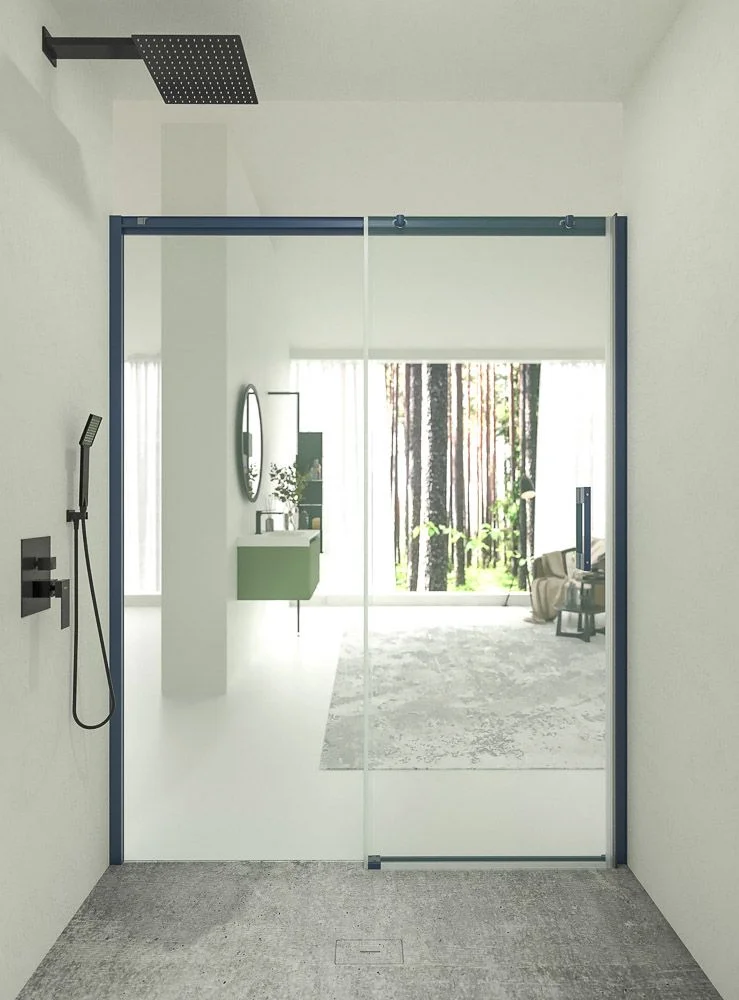 Paroi de douche frontale fixe LINEA1 -1 porte coulissante. Pas de profil bas. Finition BLEU SAPHIR – Image 7