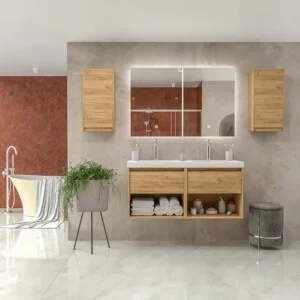Meuble de salle de bain suspendu 2 vasques 4 tiroirs / 2 trous 120 cm finition CHÊNE CLAIR