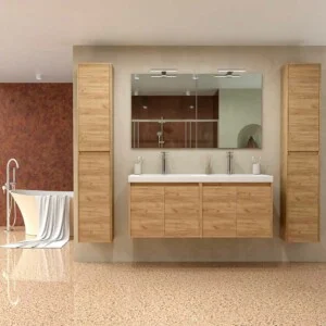 Meuble de salle de bain suspendu 2 vasques CARMEN - 4 portes 120 cm, finition CHÊNE CLAIR
