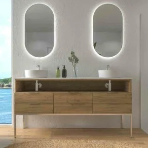Meuble de salle de bain ELLA sur pieds 6 tiroirs – 1 trou avec couvercle SOLID SURFACE 2 vasques CHÊNE CLAIR