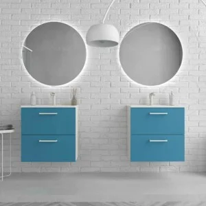 Meuble de salle de bain suspendu NEXO 2 tiroirs profondeur réduite 40 cm laqué mat avec lavabo en porcelaine BLEU/BLANC
