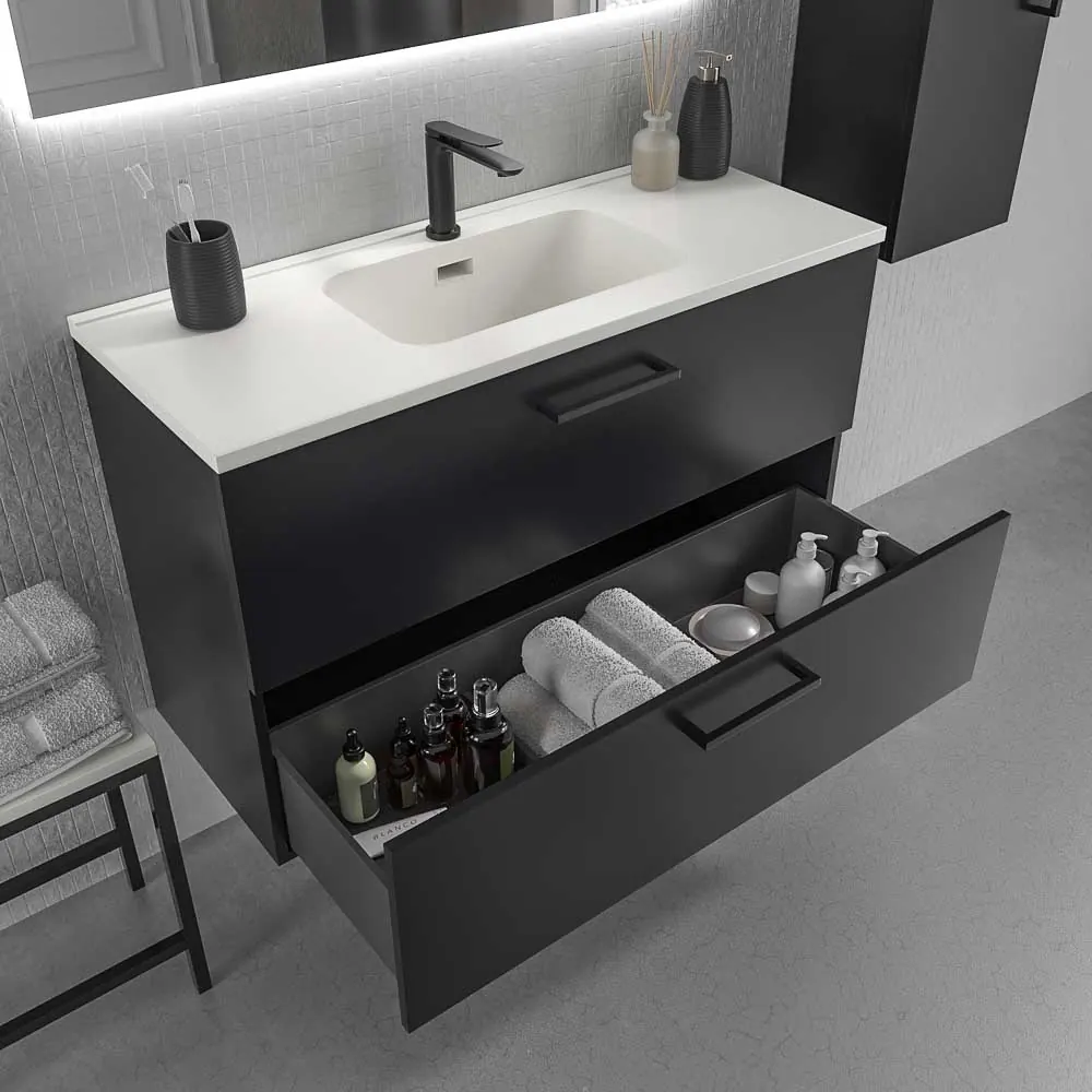 Meuble de salle de bain suspendu NEXO 2 tiroirs profondeur réduite 40 cm laqué mat avec vasque en porcelaine NOIR – Image 2
