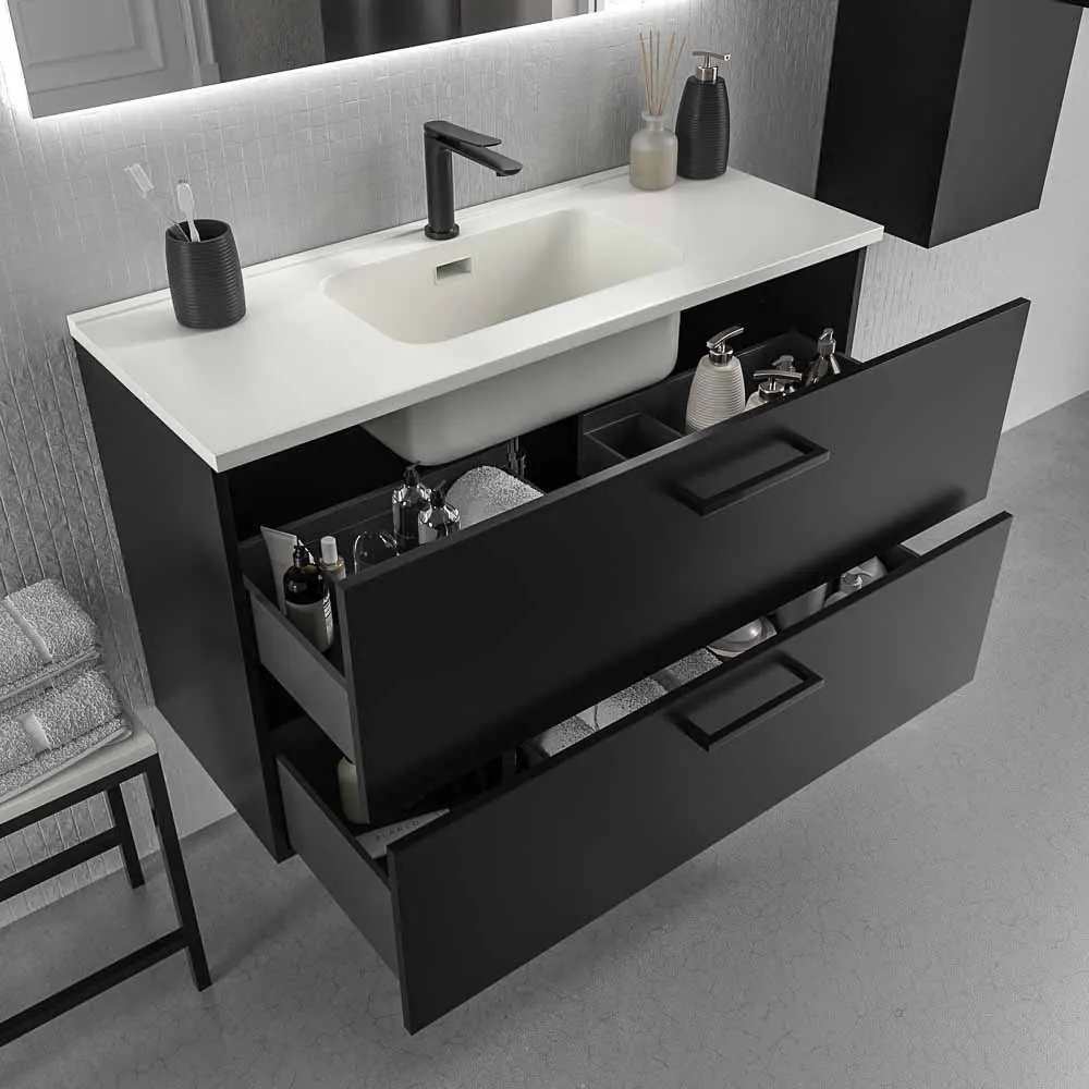 Meuble de salle de bain suspendu NEXO 2 tiroirs profondeur réduite 40 cm laqué mat avec vasque en porcelaine NOIR – Image 3