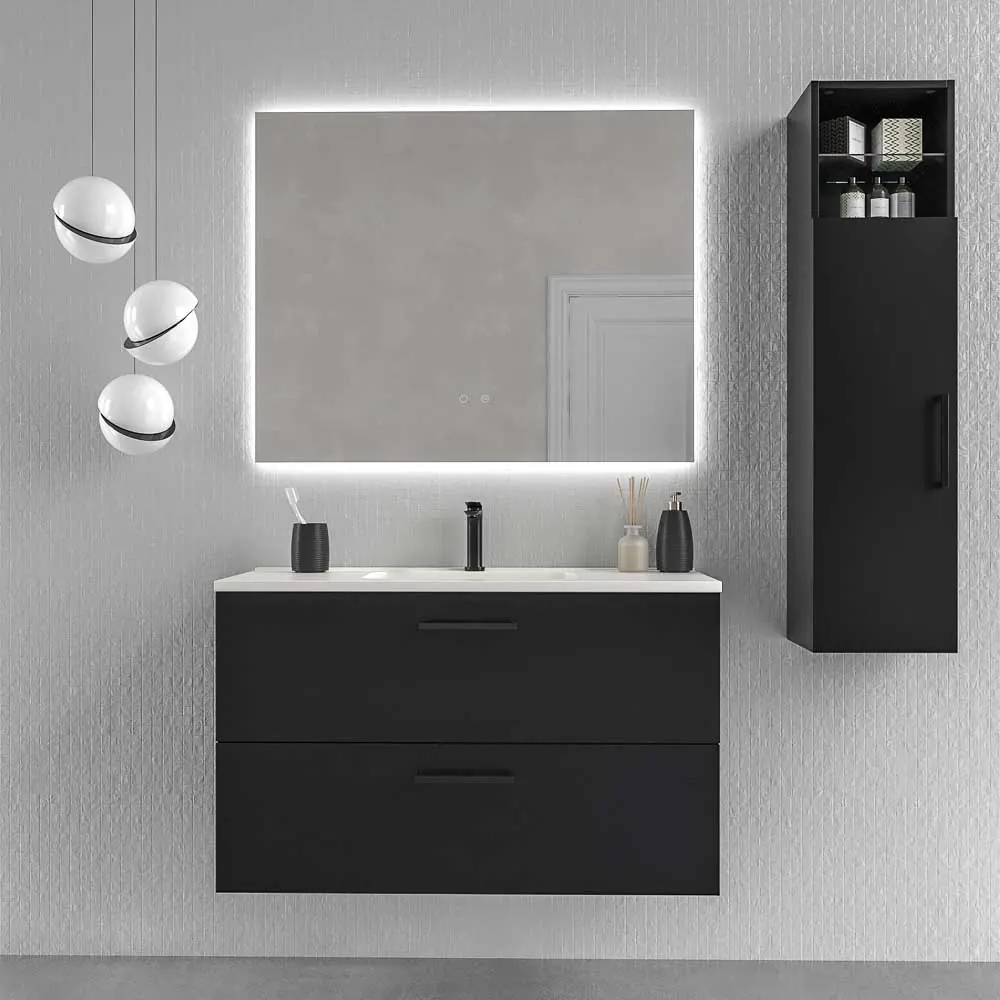 Meuble de salle de bain suspendu NEXO 2 tiroirs profondeur réduite 40 cm laqué mat avec vasque en porcelaine NOIR
