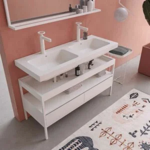 INDEX meuble de salle de bain sur pieds 2 tiroirs vasque suspendue 2 vasques BLANC-CHROME