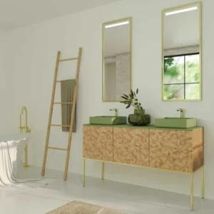 Meuble de salle de bain OPERA sur pieds 3 portes avec plan en SOLID SURFACE 2 vasques RAIZ OLMO