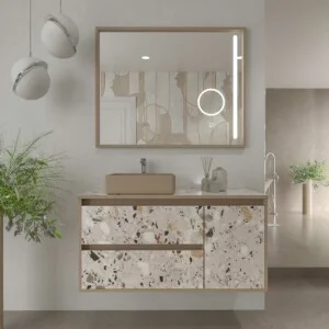 Meuble de salle de bain suspendu 2 tiroirs/ 1 porte UNICO effet terrazzo avec vasque SATET en Solid Surface