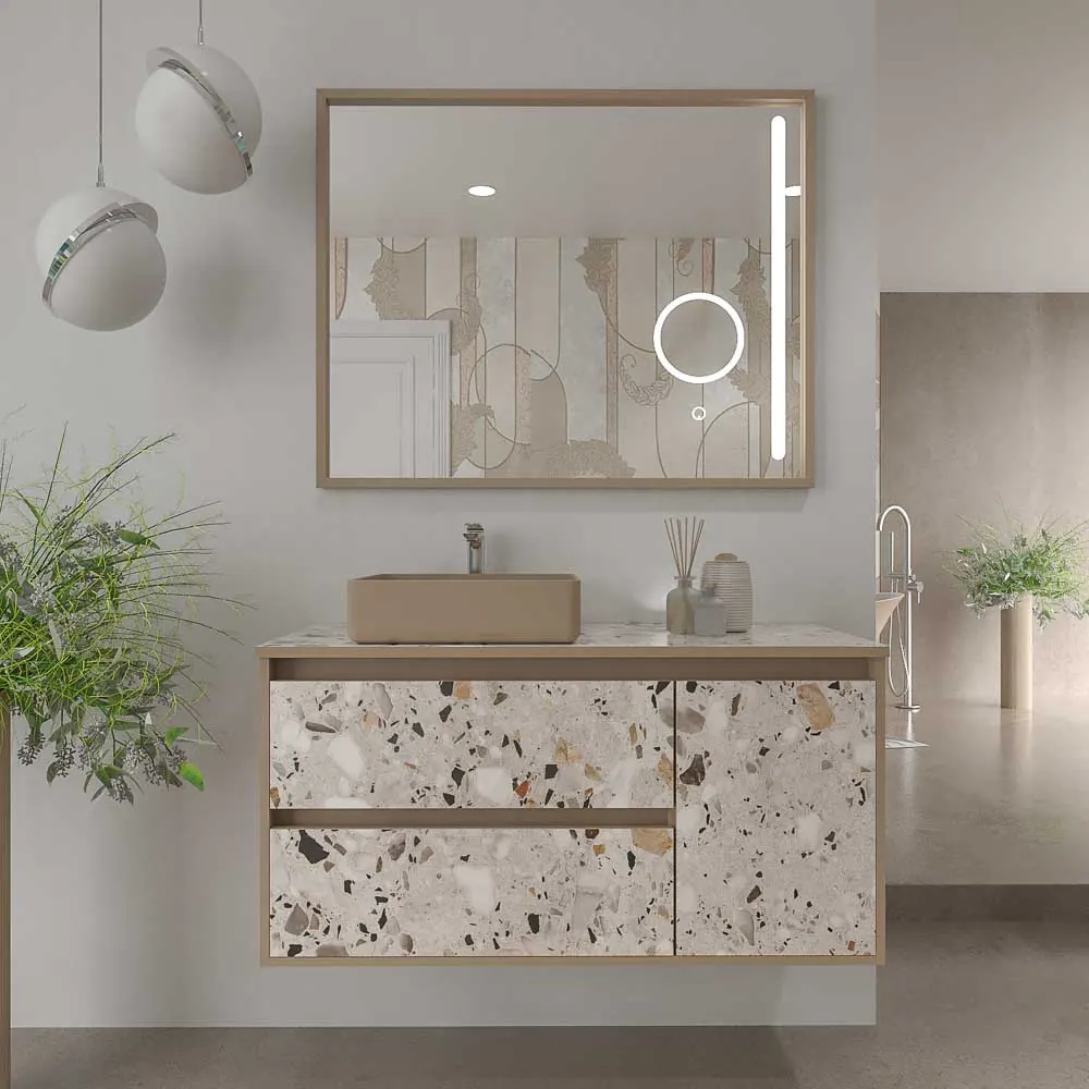 Meuble de salle de bain suspendu 2 tiroirs/ 1 porte UNICO effet terrazzo avec vasque SATET en Solid Surface