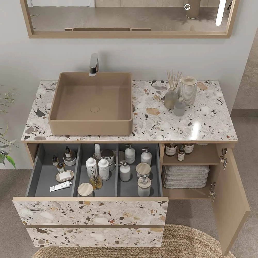 Meuble de salle de bain suspendu 2 tiroirs/ 1 porte UNICO effet terrazzo avec vasque SATET en Solid Surface – Image 3
