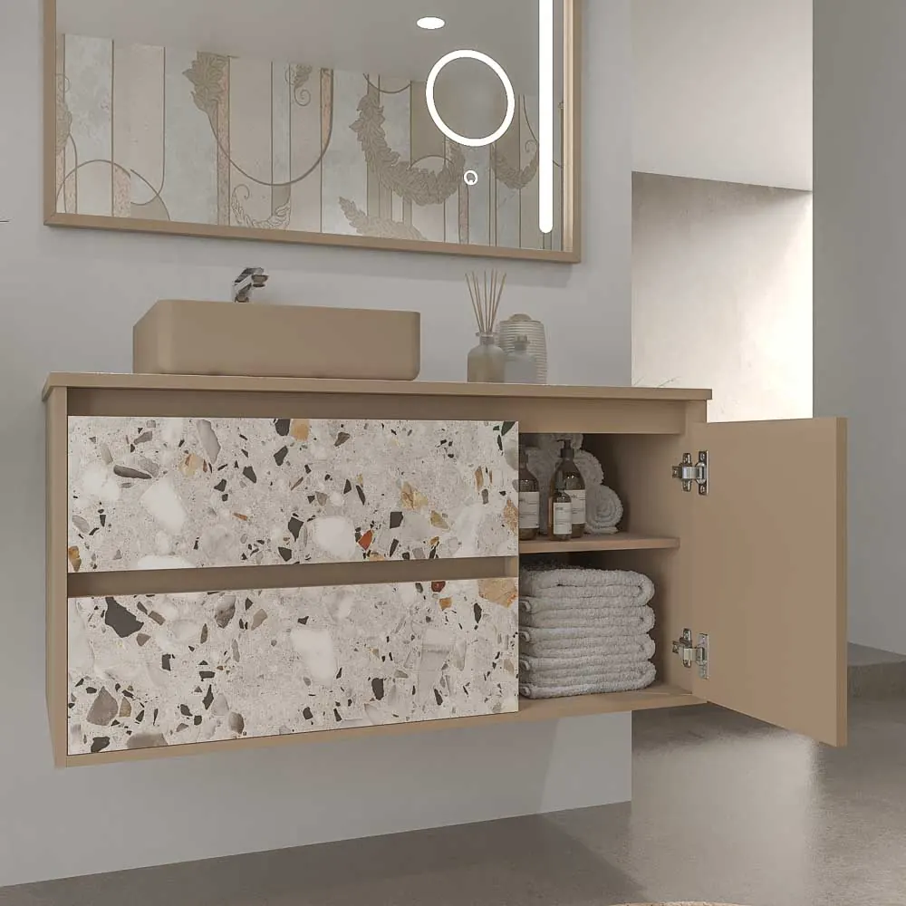 Meuble de salle de bain suspendu 2 tiroirs/ 1 porte UNICO effet terrazzo avec vasque SATET en Solid Surface – Image 2
