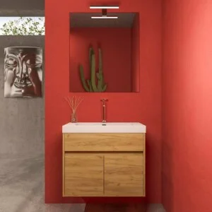 Meuble de salle de bain suspendu 2 portes / 1 tiroir CARMEN avec vasque en résine finition CHÊNE CLAIR
