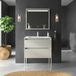 Meuble de salle de bain sur pieds 2 tiroirs SMILE avec lavabo Solid Surface BLANC