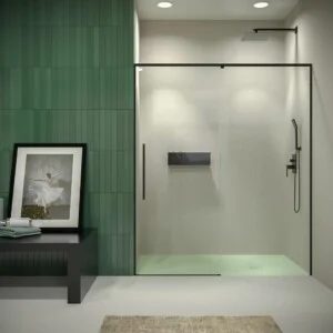 Paroi de douche frontale PETRA 1 fixe – 1 porte vitrée coulissante 6 mm. Acier inoxydable NOIR MAT