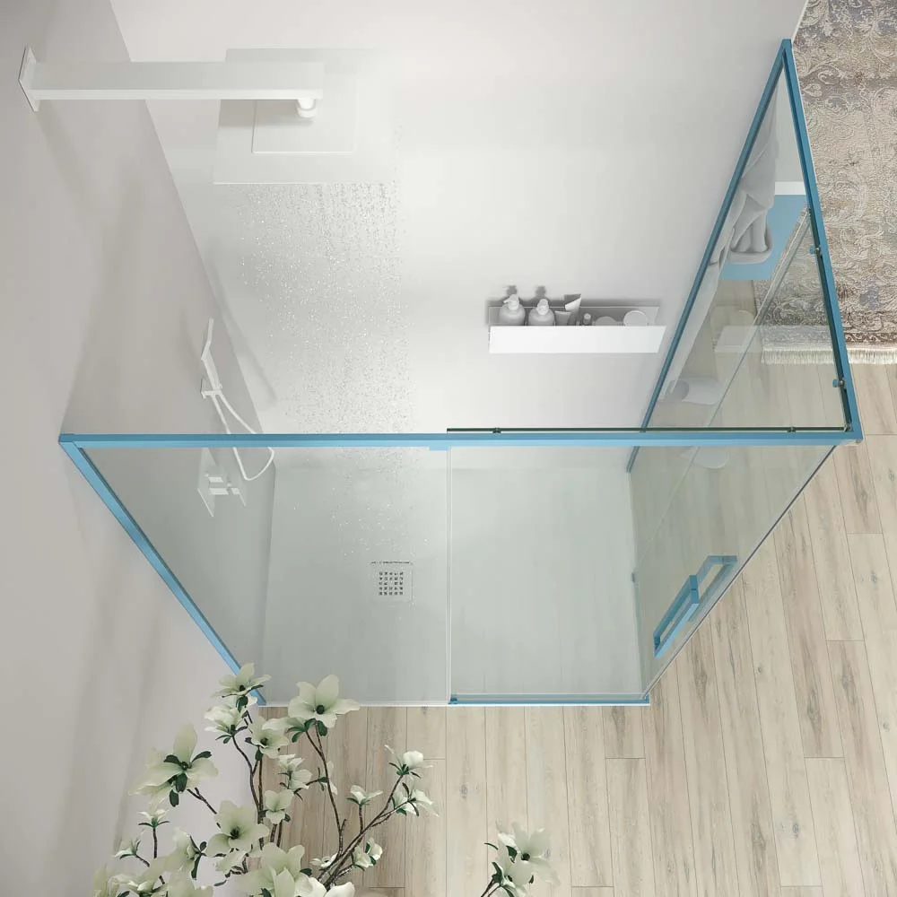 Paroi de douche rectangulaire PETRA 2 fixes – 2 portes coulissantes en verre 6 mm. ACIER INOXYDABLE finition BLEU CLAIR MAT – Image 2