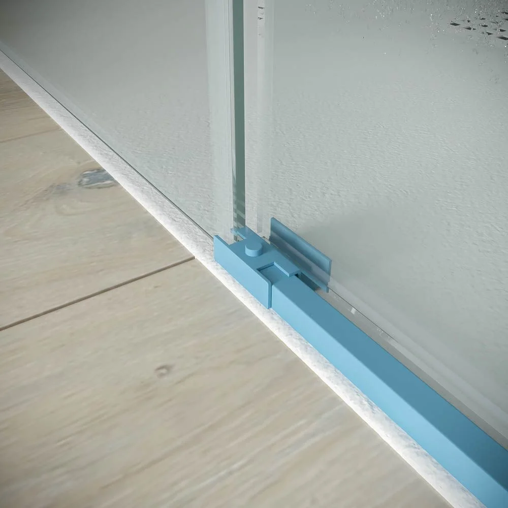 Paroi de douche rectangulaire PETRA 2 fixes – 2 portes coulissantes en verre 6 mm. ACIER INOXYDABLE finition BLEU CLAIR MAT – Image 8