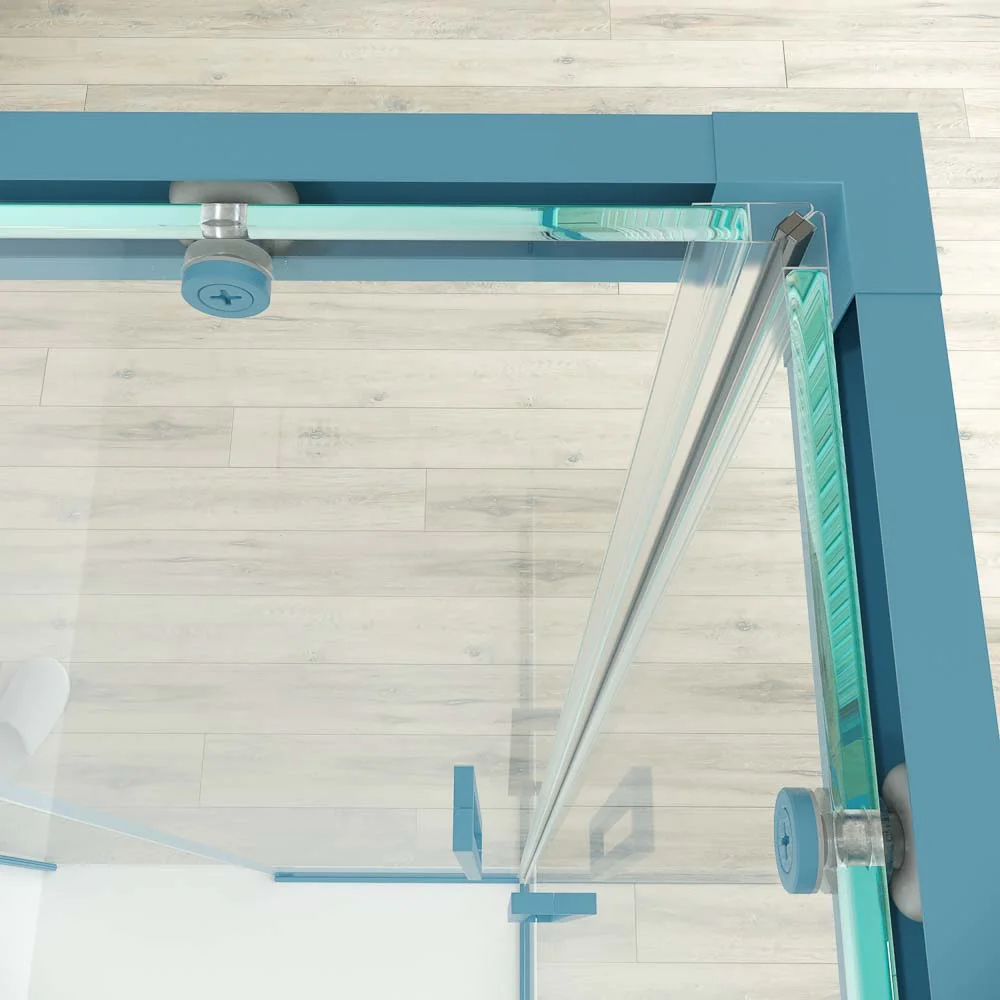 Paroi de douche rectangulaire PETRA 2 fixes – 2 portes coulissantes en verre 6 mm. ACIER INOXYDABLE finition BLEU CLAIR MAT – Image 3