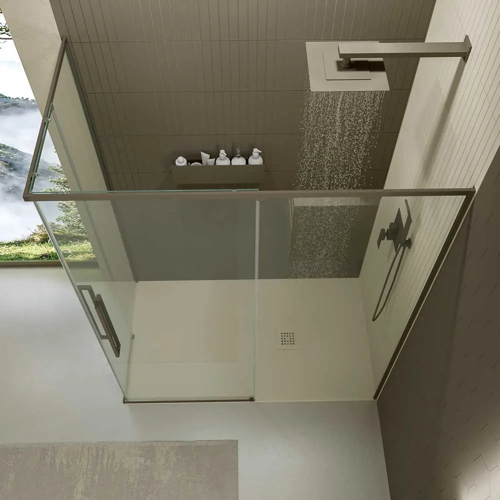 Paroi de douche rectangulaire PETRA 2 fixes – 2 portes coulissantes en verre 6 mm. Finition DEVISE MAT EN ACIER INOXYDABLE – Image 2