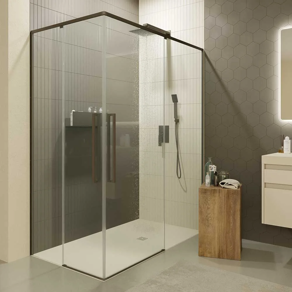 Paroi de douche rectangulaire PETRA 2 fixes – 2 portes coulissantes en verre 6 mm. Finition DEVISE MAT EN ACIER INOXYDABLE – Image 3