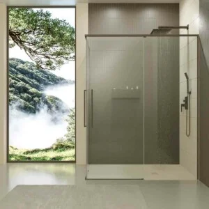 Paroi de douche rectangulaire PETRA 2 fixes – 2 portes coulissantes en verre 6 mm. Finition DEVISE MAT EN ACIER INOXYDABLE
