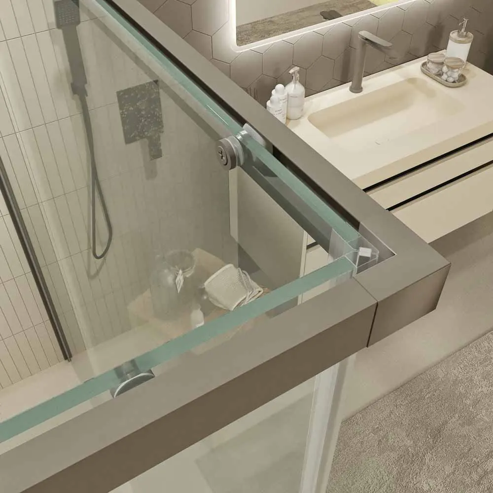 Paroi de douche rectangulaire PETRA 2 fixes – 2 portes coulissantes en verre 6 mm. Finition DEVISE MAT EN ACIER INOXYDABLE – Image 6