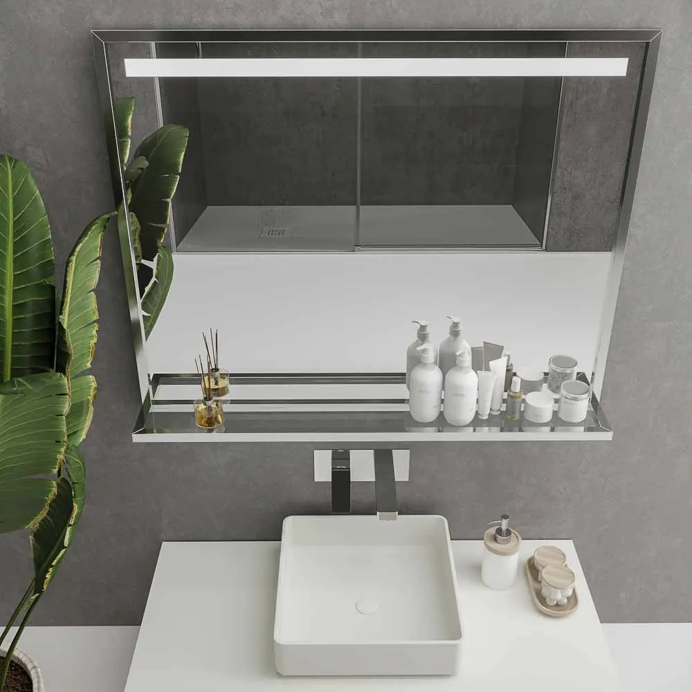 Miroir de salle de bain EVO avec cadre et étagère en aluminium, différentes finitions, éclairage frontal à LED – Image 5