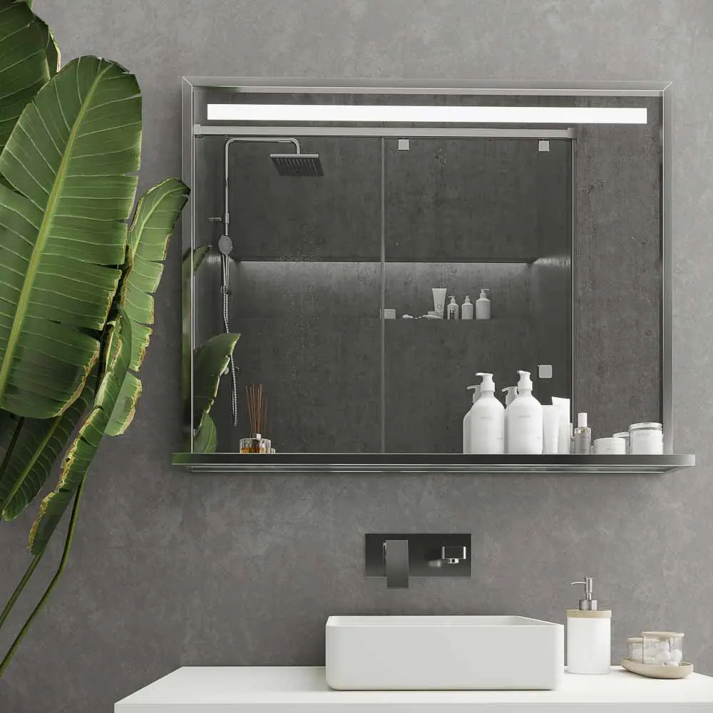 Miroir de salle de bain EVO avec cadre et étagère en aluminium, différentes finitions, éclairage frontal à LED – Image 7