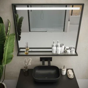Miroir de salle de bain EVO avec cadre et étagère en aluminium, différentes finitions, éclairage frontal à LED - 70 cm x 80 cm