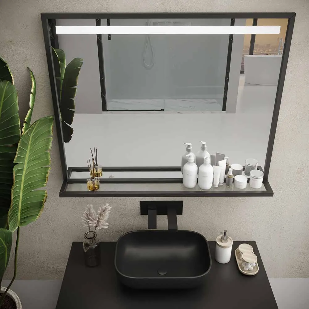 Miroir de salle de bain EVO avec cadre et étagère en aluminium, différentes finitions, éclairage frontal à LED
