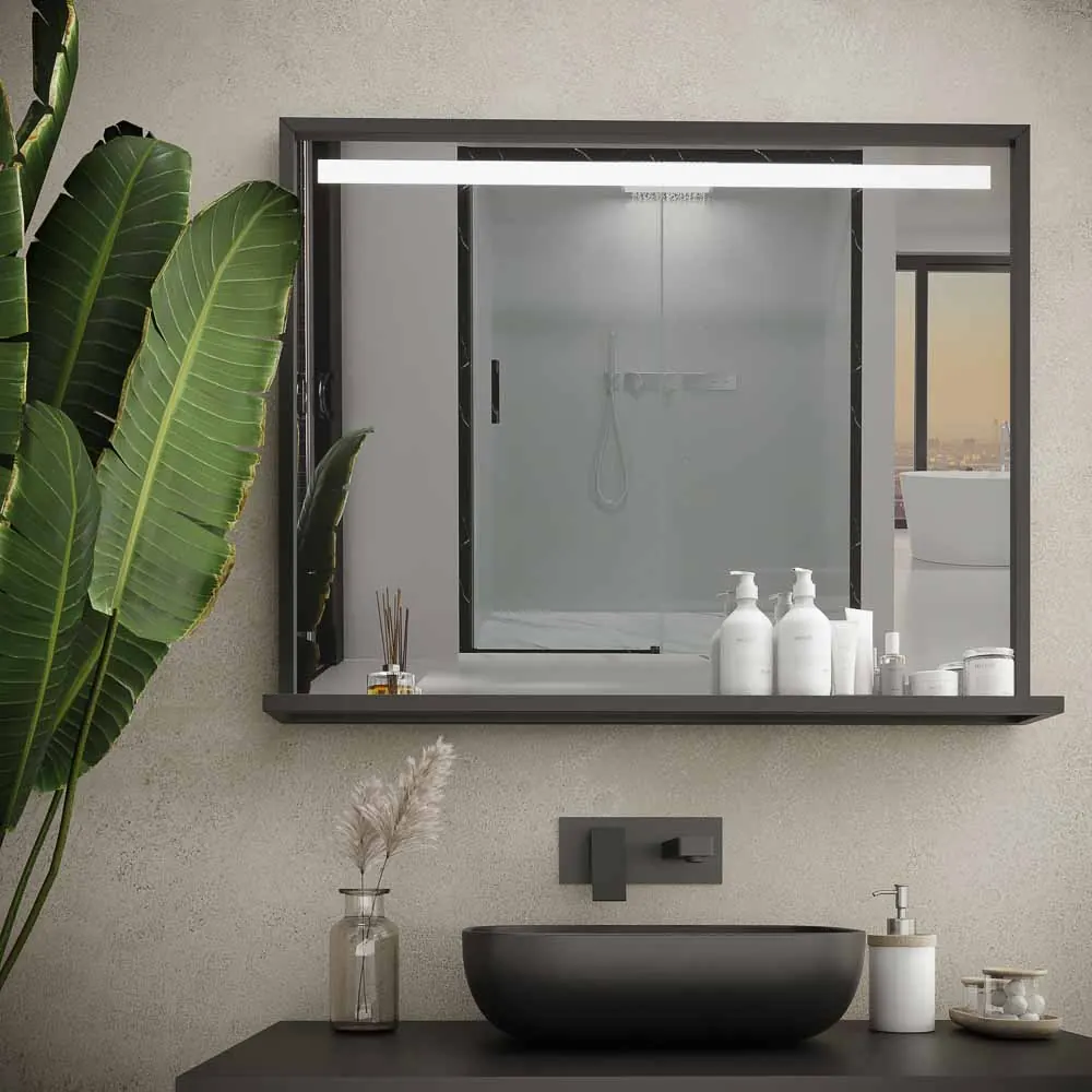 Miroir de salle de bain EVO avec cadre et étagère en aluminium, différentes finitions, éclairage frontal à LED – Image 6